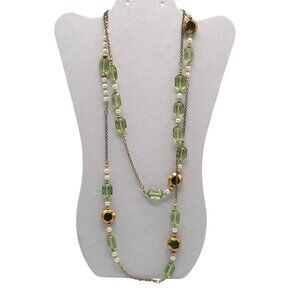 Long Necklace Green Faceted Beads Faux Pearls Gold Accents Lobster Clasp Closure